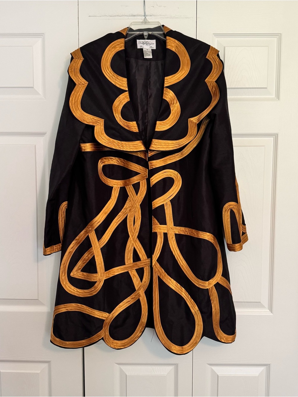 Tally Taylor Black Coat Dress with Gold Loop Embroidery